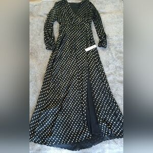 Eliza J NWT black chiffon maxi with gold dots and high slit